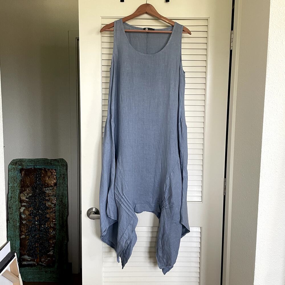 Made in Italy Linen Slate Blue Asymmetrical Midi Dress S Lagenlook Minimalist - Picture 4 of 9